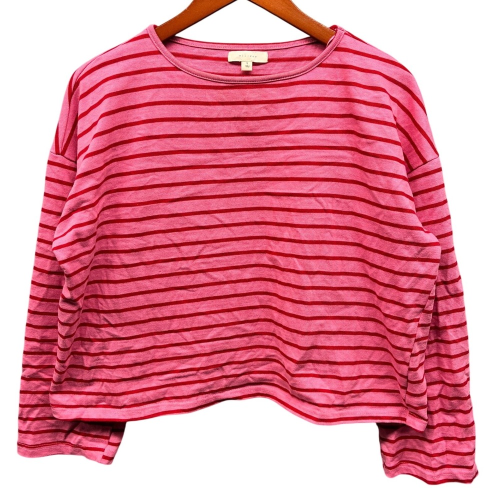 all : row Knit Top Women's Large Pink Stripe Cropped Boxy Long Sleeve Casual